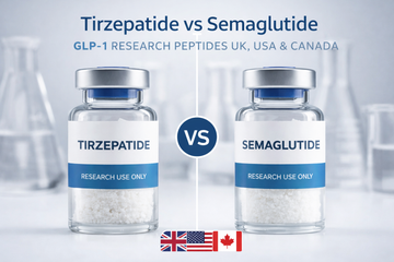 Tirzepatide vs Semaglutide GLP-1 research peptides UK, USA and Canada laboratory comparison image.