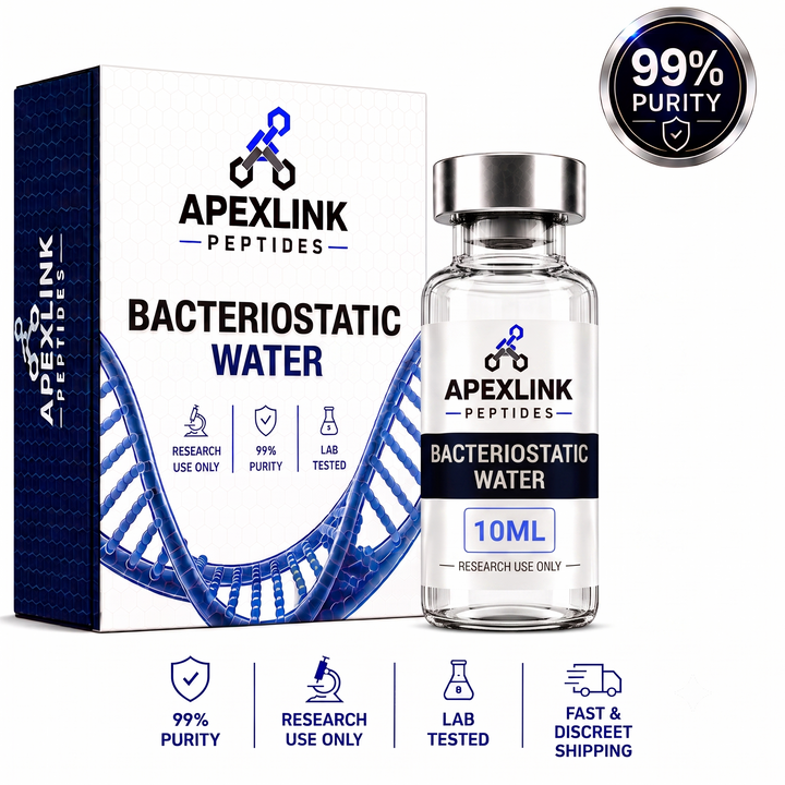 A 10ml glass vial of APEXLINK Peptides 'Bacteriostatic Water' next to its white and dark blue packaging box, with a '99% Purity' badge and feature icons at the bottom.
