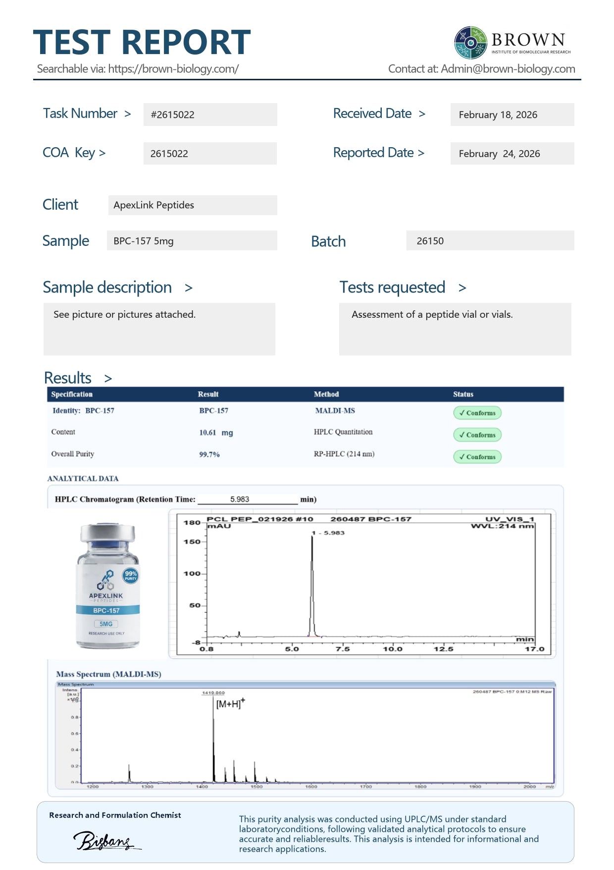 bpc 157 peptide purity report CoA hmlc certified certificate of analysis