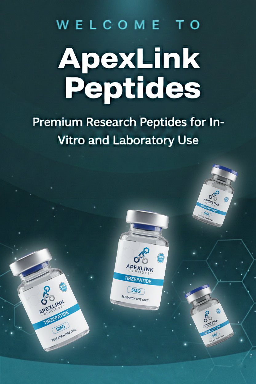 Advertisement for Apexlink Peptides with peptide vials on a dark blue background