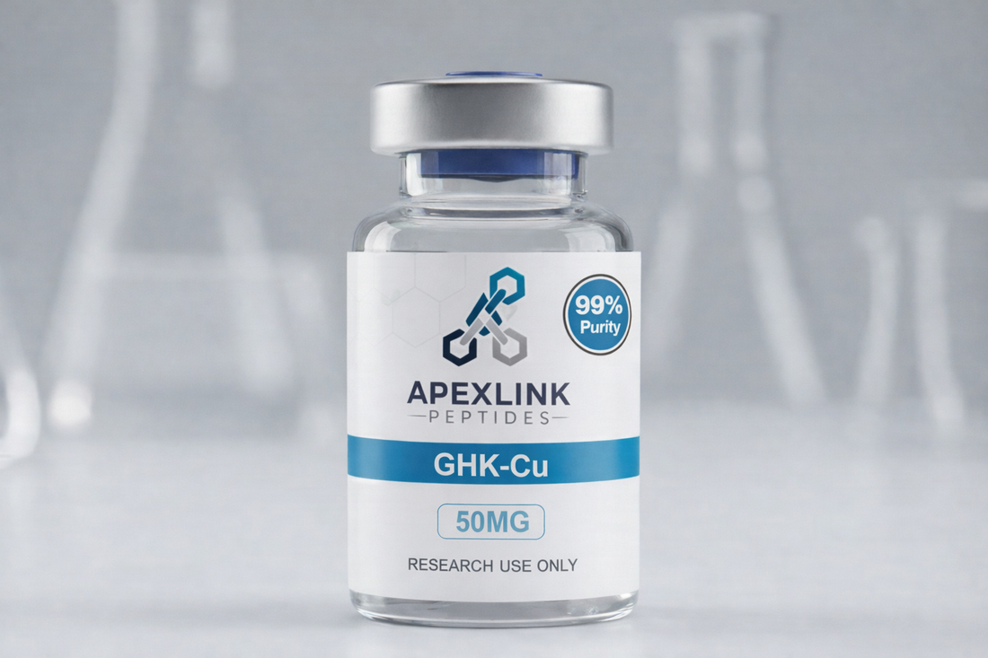 Vial labeled 'APEXLINK PEPTIDES' with 'GHK-Cu' on a gray background. ghk cu peptide