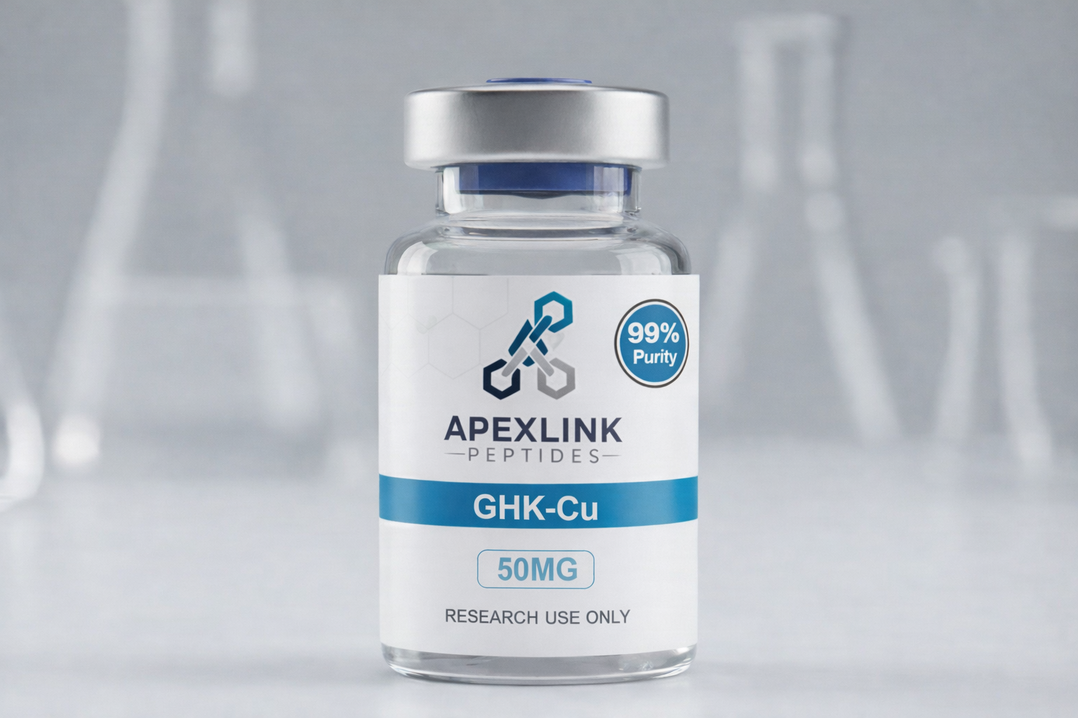Vial labeled 'APEXLINK PEPTIDES' with 'GHK-Cu' on a gray background. ghk cu peptide
