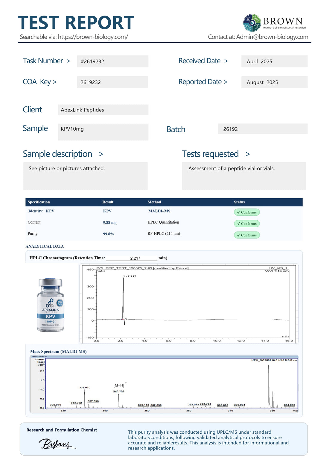 KPV peptide 10mg vial – high purity research peptide from ApexLink Peptides for laboratory research use only