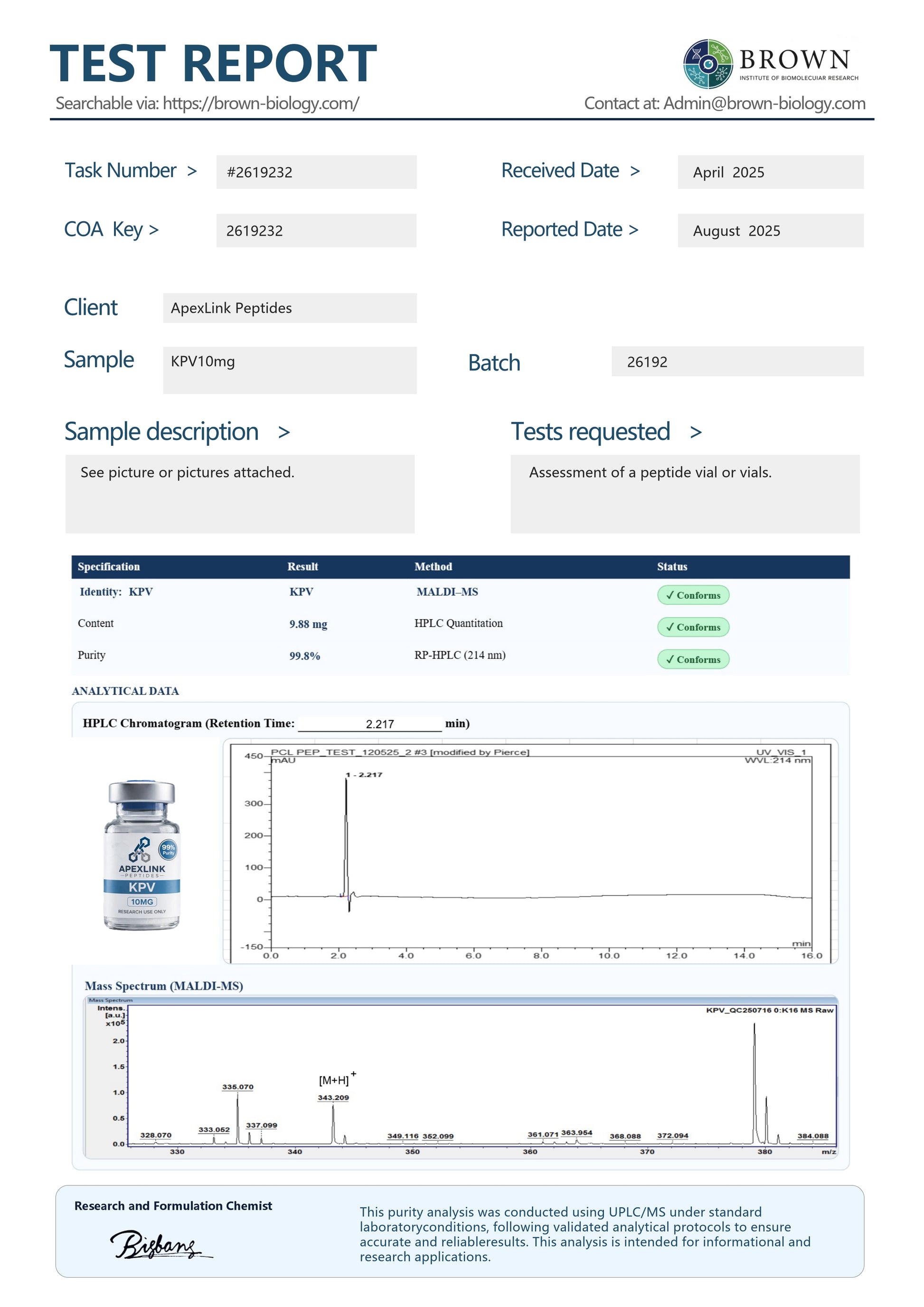 kpv peptide coa certificate of analysis hmlc certified purity report