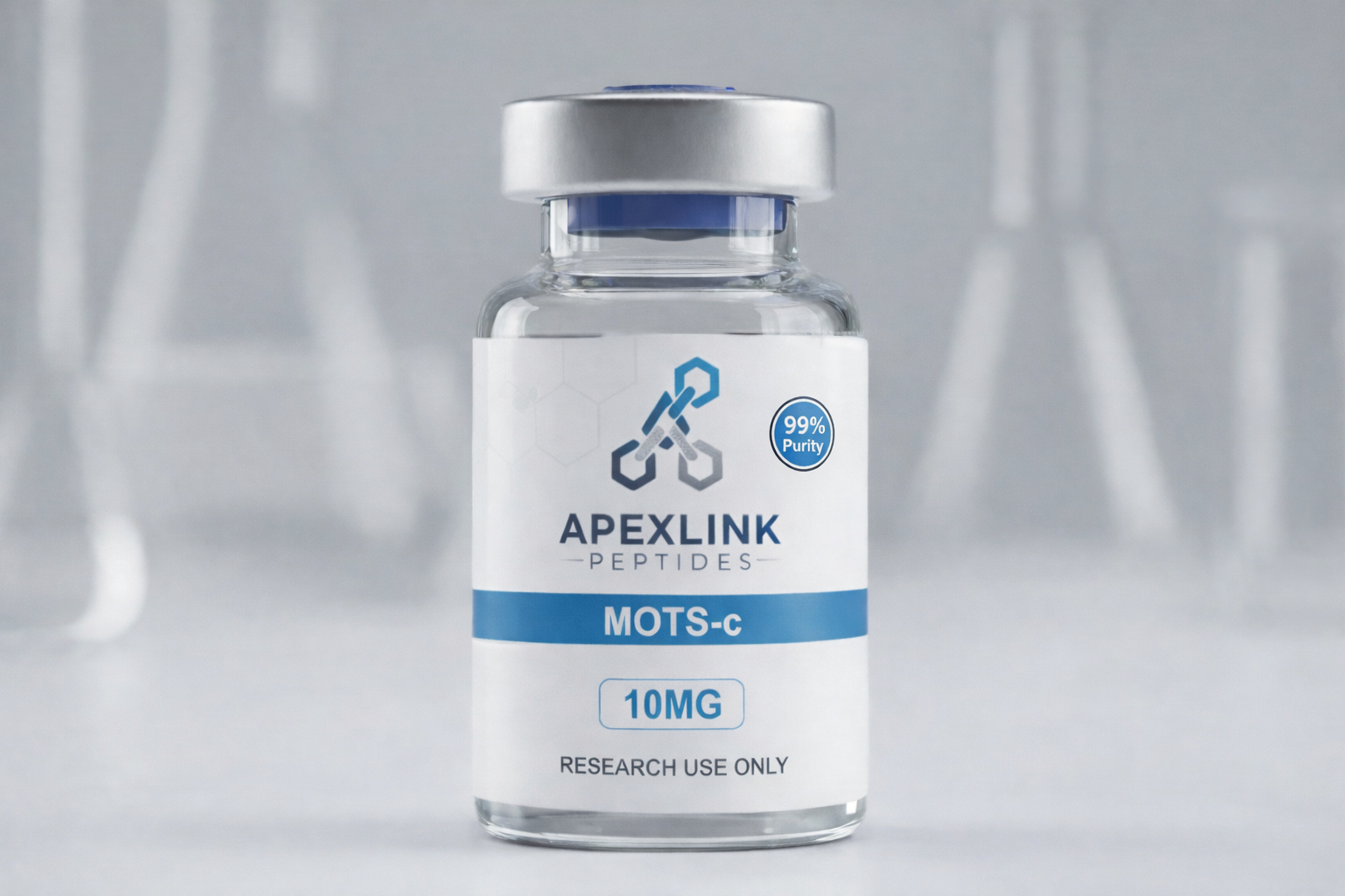 Vial labeled 'MOTS-c Peptides' on a gray background. Mots c research peptide