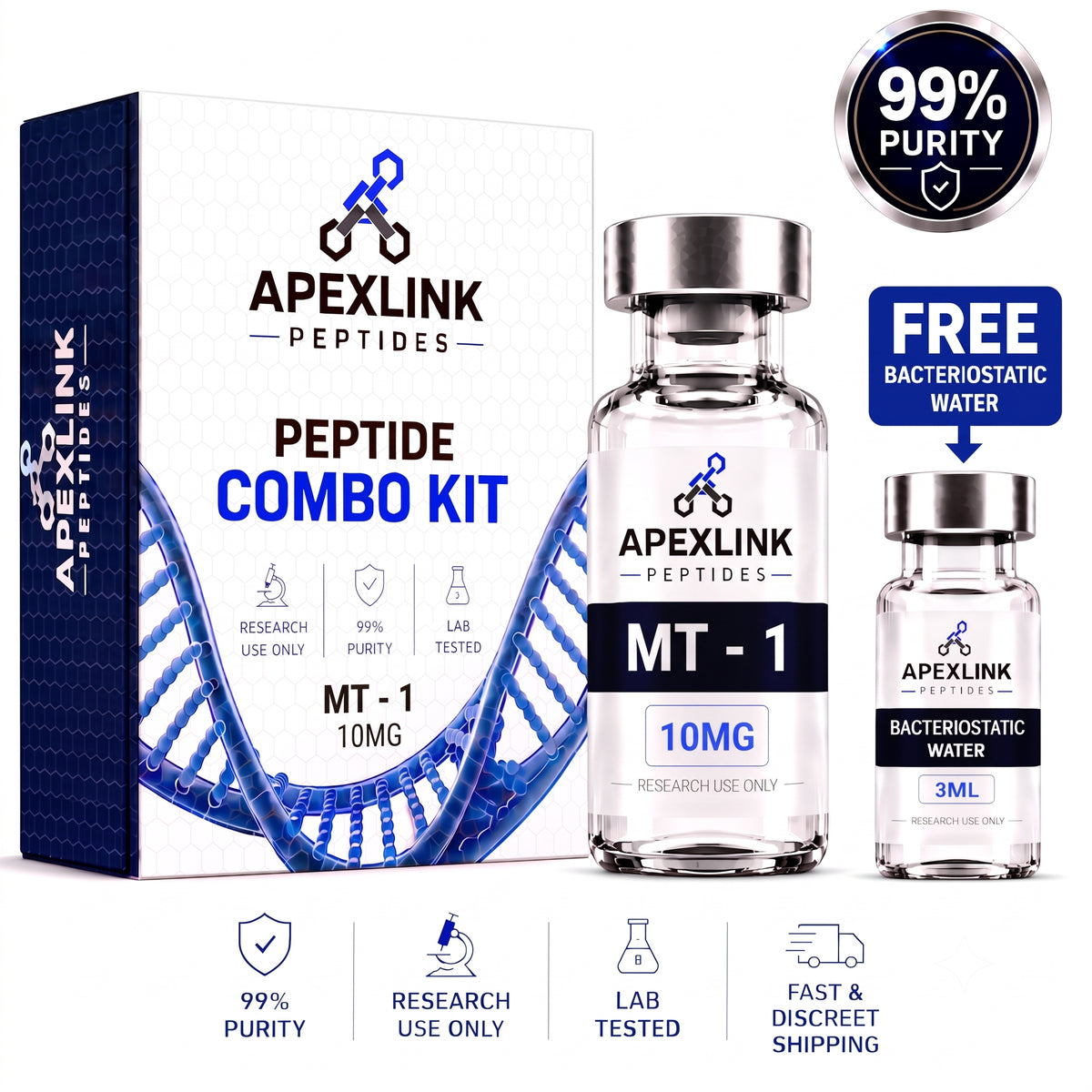 APEXLINK Peptides Peptide Combo Kit featuring MT-1 10mg and Bacteriostatic Water 3ml vials alongside their retail packaging box, with promotional badges indicating 99% purity and free bacteriostatic water.