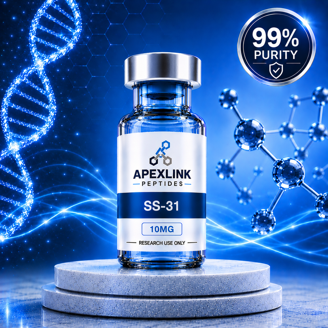 Vial labeled 'Apexlink Peptide SS-31' with a purity label on a gray background