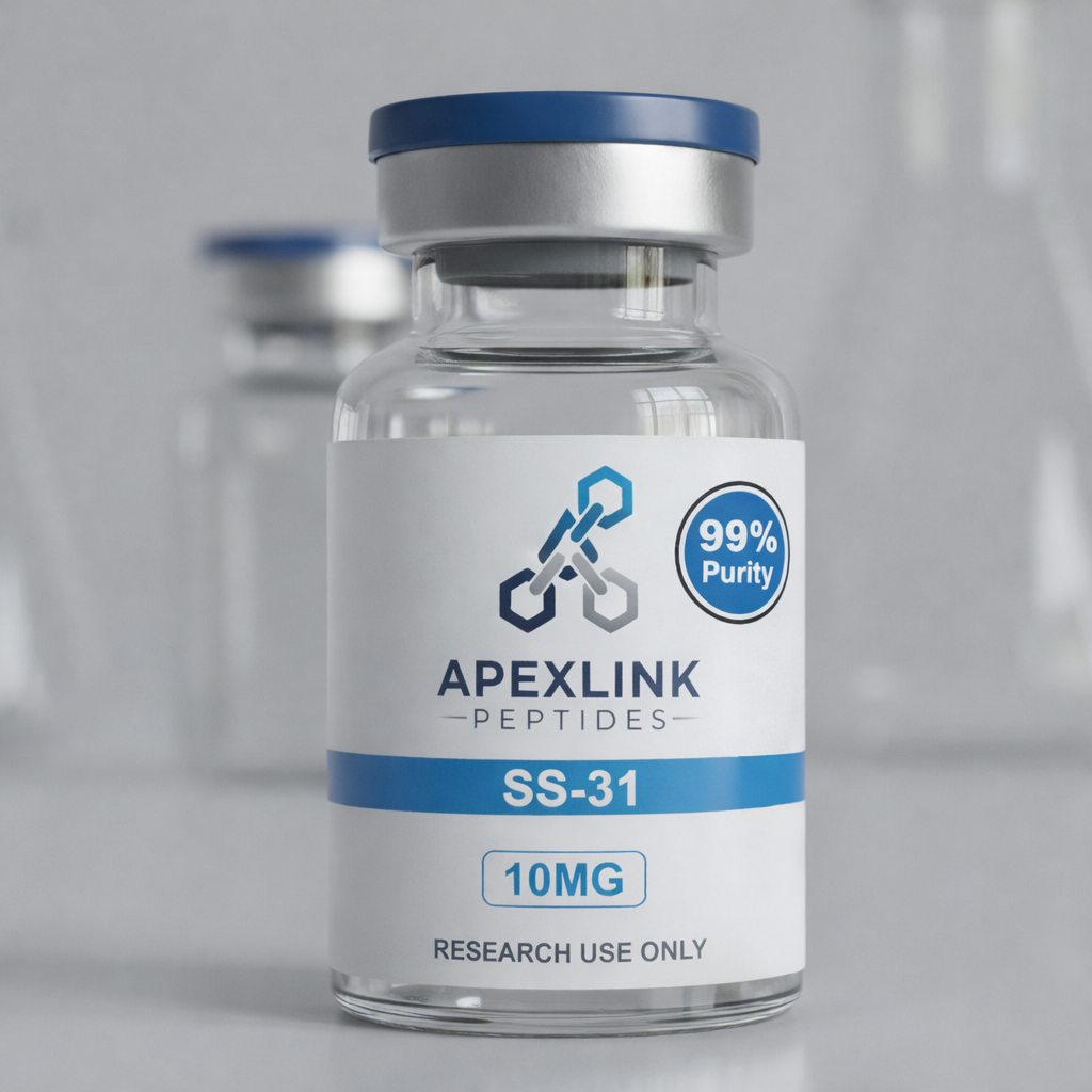 Vial labeled 'Apexlink Peptide SS-31' with a purity label on a gray background