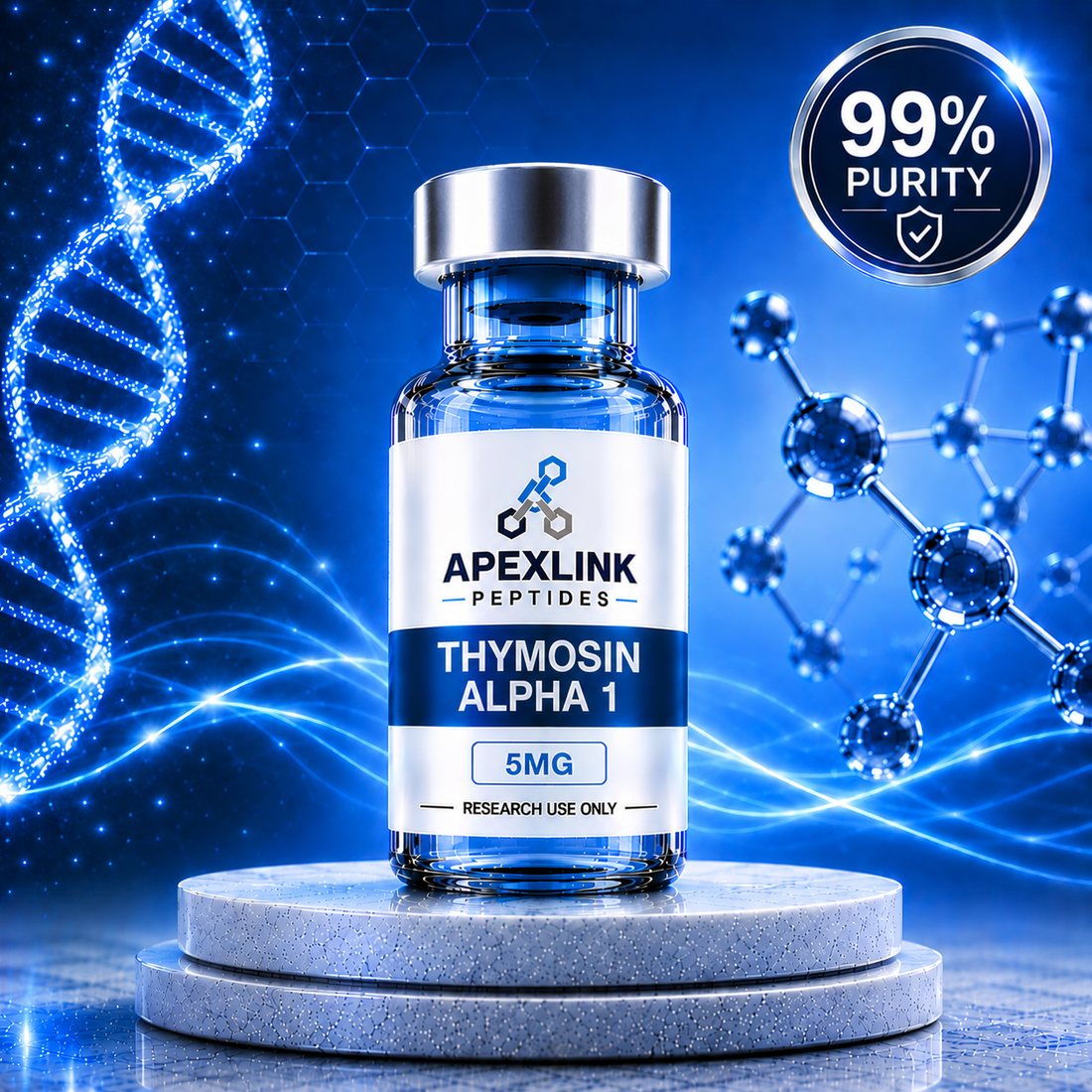 Vial labeled Apexlink Peptide THYMOSIN ALPHA 1 with a purity label on a gray background