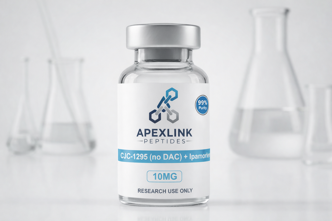 ApexLink Peptides vial with lab beakers in the background. cjc 1295 no dac ipamorelin