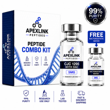 A peptide combo kit by APEXLINK PEPTIDES shown with its retail box, two clear vials, and promotional badges on a white background. The kit includes a large vial labeled CJC-1295 with DAC 5MG and a smaller vial labeled Bacteriostatic Water 3ML.