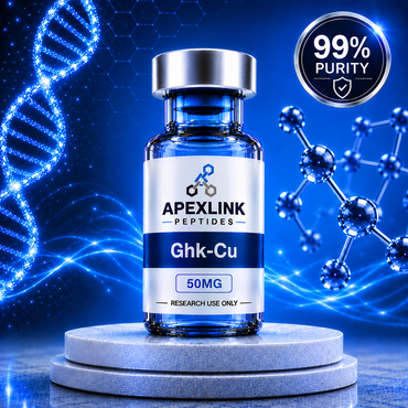 Vial labeled 'APEXLINK PEPTIDES' with 'GHK-Cu' on a gray background. ghk cu peptide