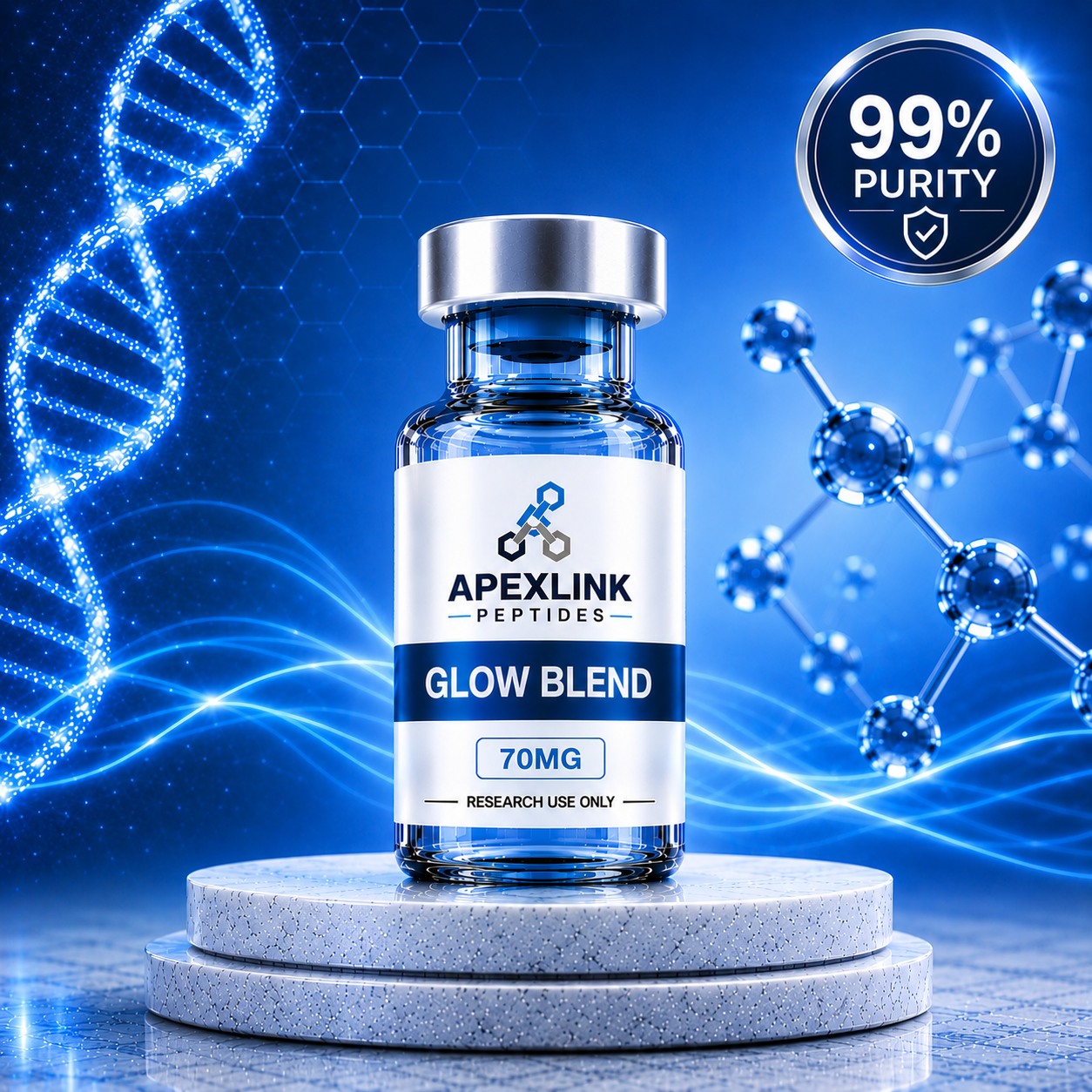 Vial labeled 'Apexlink Peptides Glow Blend' with molecular structures and '99% purity' badge on a blue background