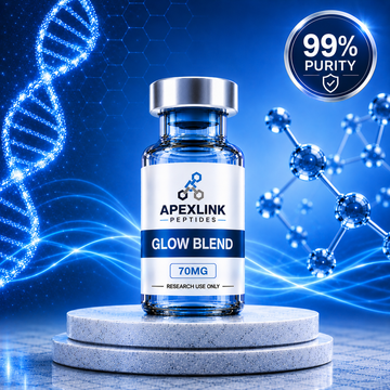 Vial labeled 'Apexlink Peptides Glow Blend' with molecular structures and '99% purity' badge on a blue background