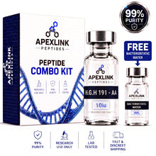 APEXLINK Peptides Peptide Combo Kit featuring a white and blue box, a 10uL vial, and a 3mL bacteriostatic water vial, with promotional badges and feature icons on a white background.