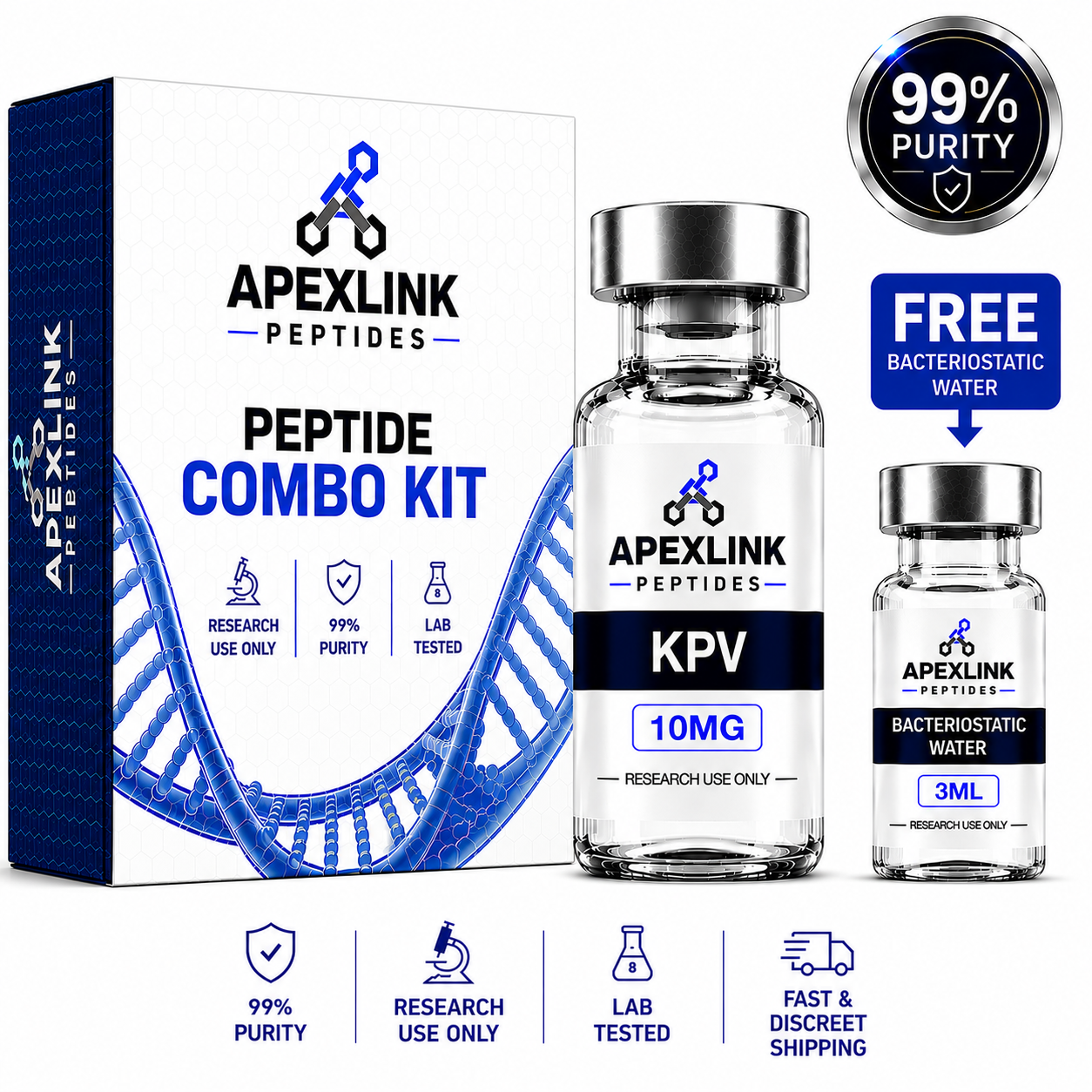 Apexlink Peptides KPV Peptide Combo Kit showing a white and blue outer box, a 10mg peptide vial, a 3ml bacteriostatic water vial, and promotional badges on a white background.
