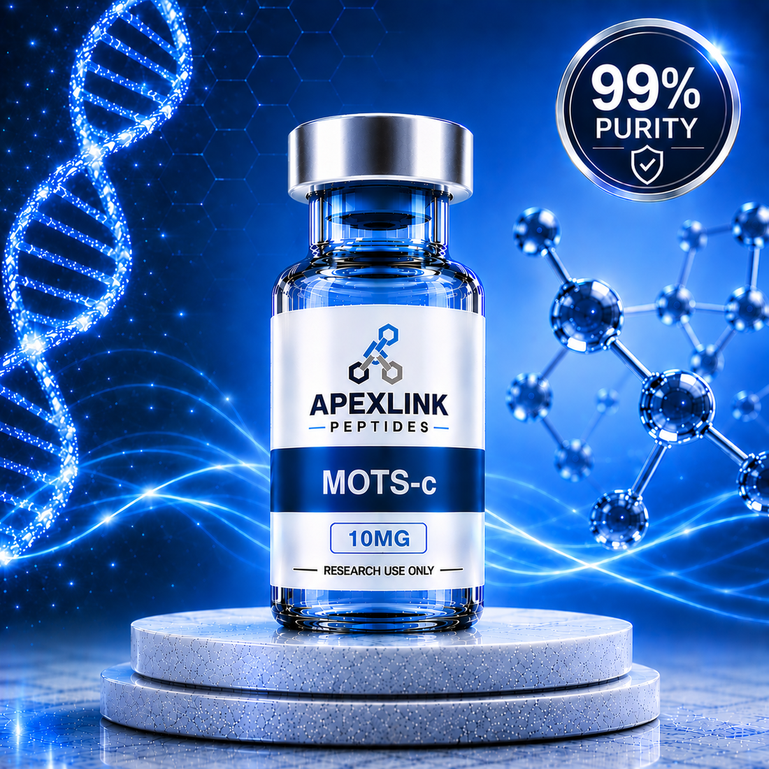 Vial labeled 'MOTS-c Peptides' on a gray background. Mots c research peptide