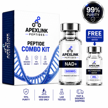 APEXLINK Peptides Peptide Combo Kit showing a 30ml vial of NAD+ 500mg and a 3ml vial of bacteriostatic water, alongside its retail packaging box. The image includes promotional badges for 99% purity and free bacteriostatic water on a white background with feature icons at the bottom.