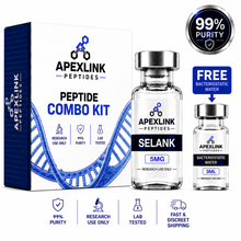 Apexlink Peptides Peptide Combo Kit featuring a 5mg Selank peptide vial, a 3ml bacteriostatic water vial, and their retail packaging box on a white background with promotional badges.