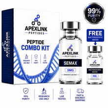 APEXLINK Peptides Peptide Combo Kit shown with its retail box, a 5MG Semax vial, a 3ML Bacteriostatic water vial, and promotional badges on a white background.