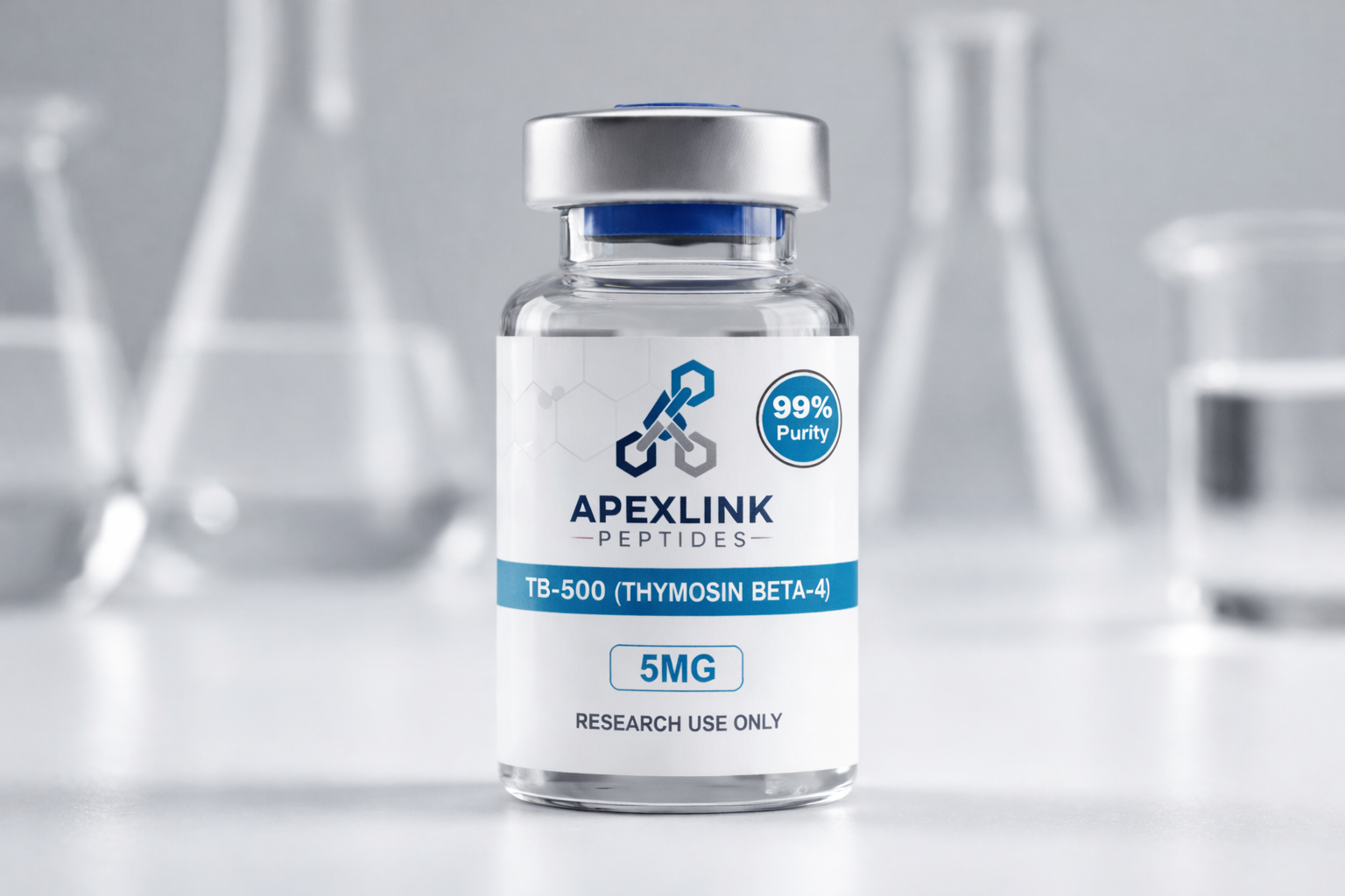 Apexlink tb 500 thymosin beta 4 peptides vial with lab equipment in the background