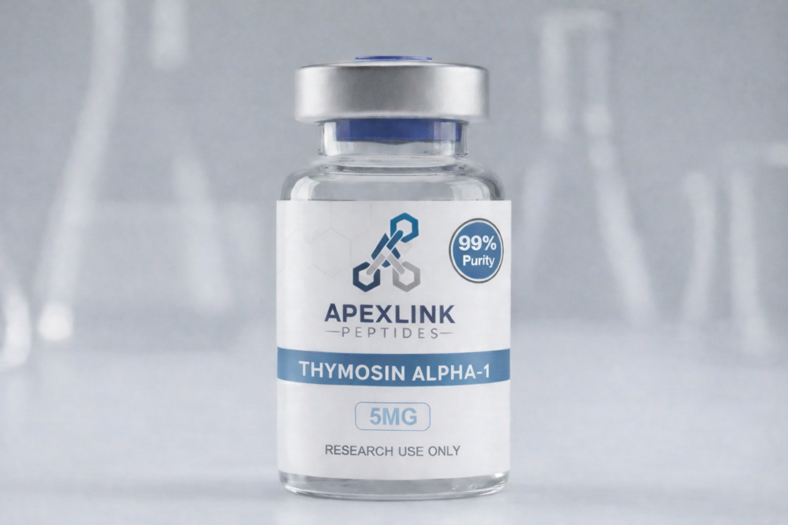 Vial labeled 'Thymosin Alpha -1 Peptides' with a purity indicator on a gray background. Thymosin alpha 1